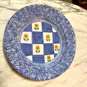 Vintage Highmark Blue Splatterware Floral Plate Hand Painted Checkerboard